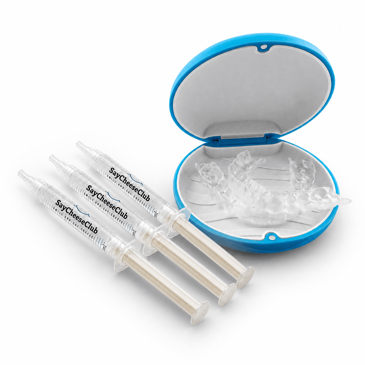 Two clear dental trays inside an open blue and white hard case, with two clear syringe-style applicators labeled SayCheeseClub Whitening Gel placed in front on a white background.