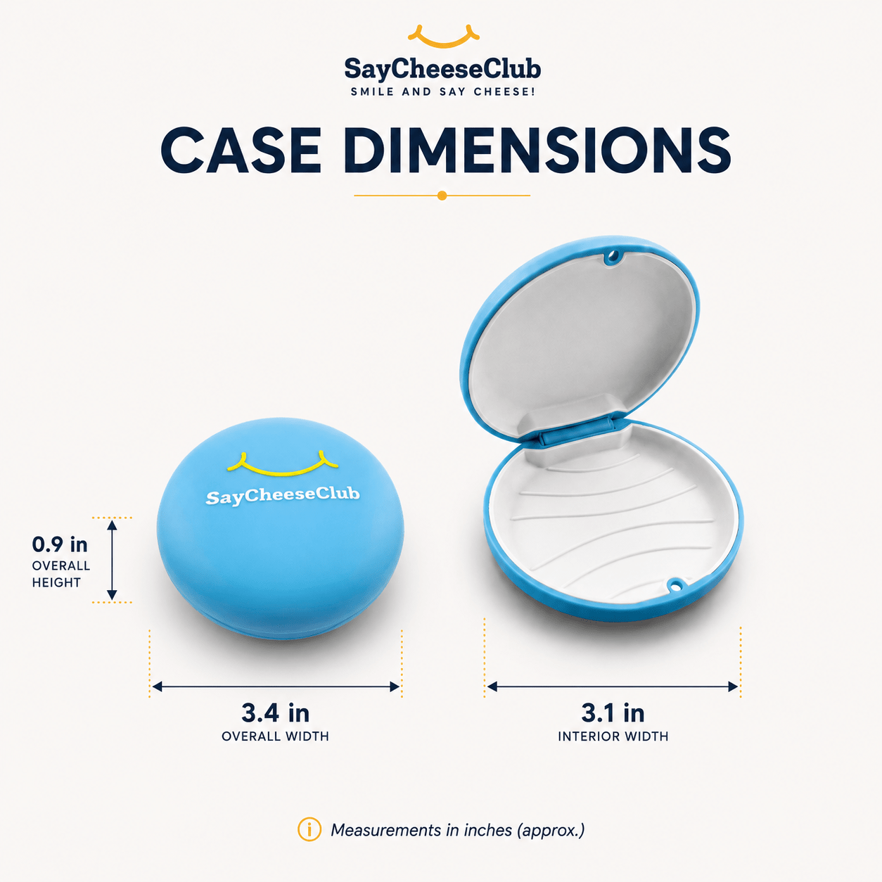 A product dimension diagram showing a small round blue case, both closed and open, with labeled measurements: 3.4 in overall width, 3.