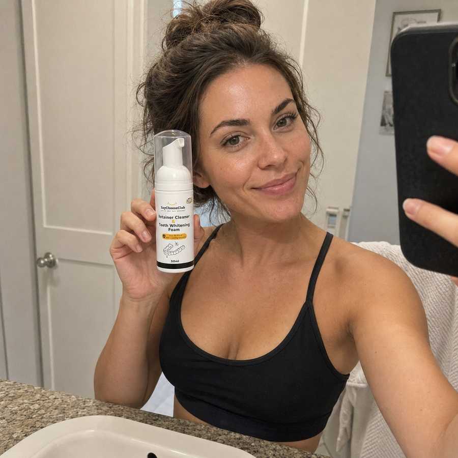 Woman presenting SayCheeseClub Cleaner and Whitening Foam