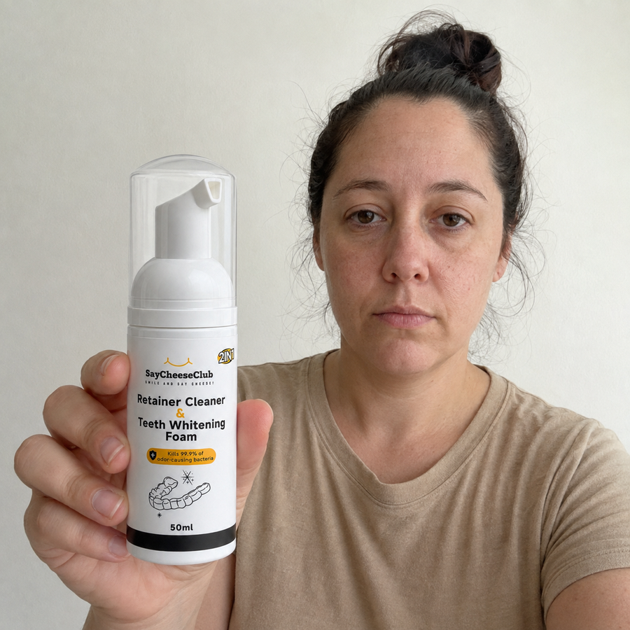 Woman holding the SayCheeseClub foam product