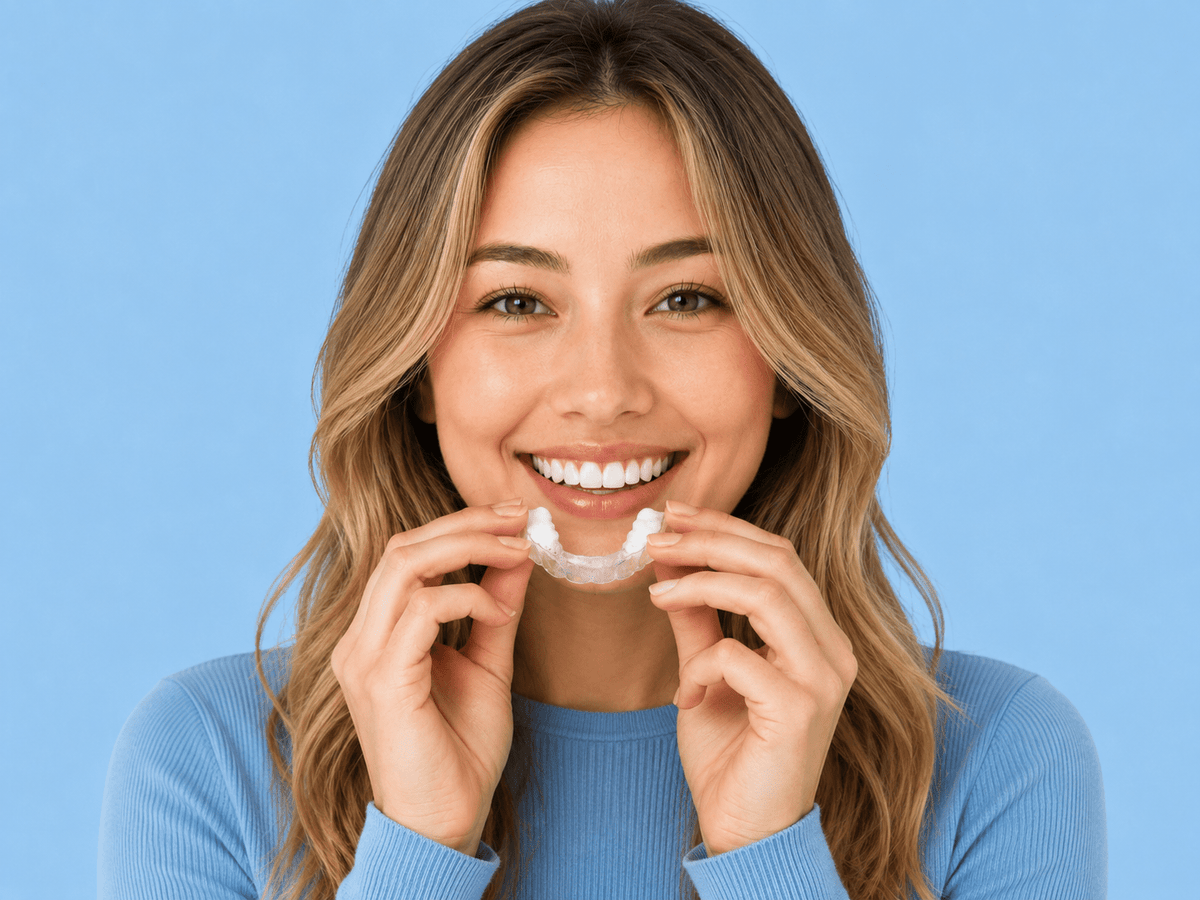 A smiling woman with blonde-highlighted hair holds a clear dental mouthguard in front of her mouth against a solid light blue background.
