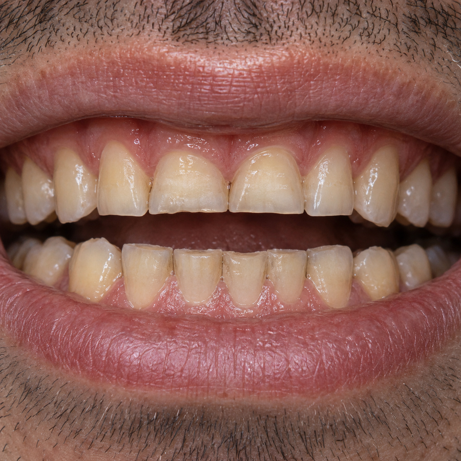 Upper and lower front teeth with flattened, uneven biting edges