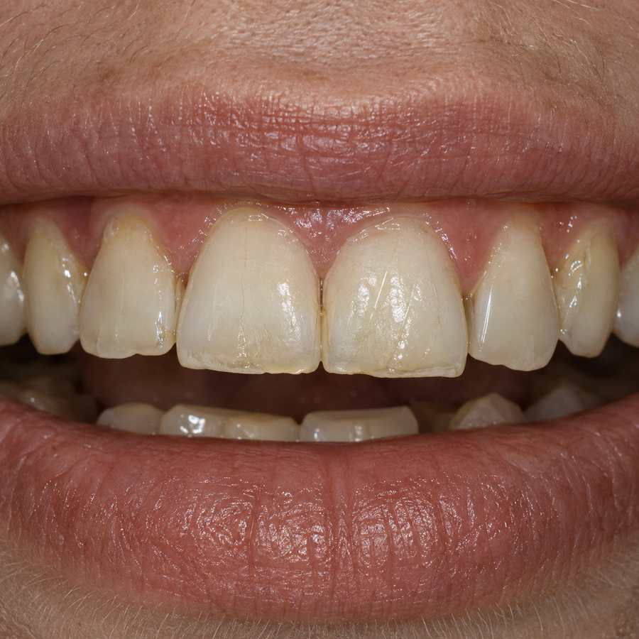 Upper front teeth with uneven edges and fine vertical lines