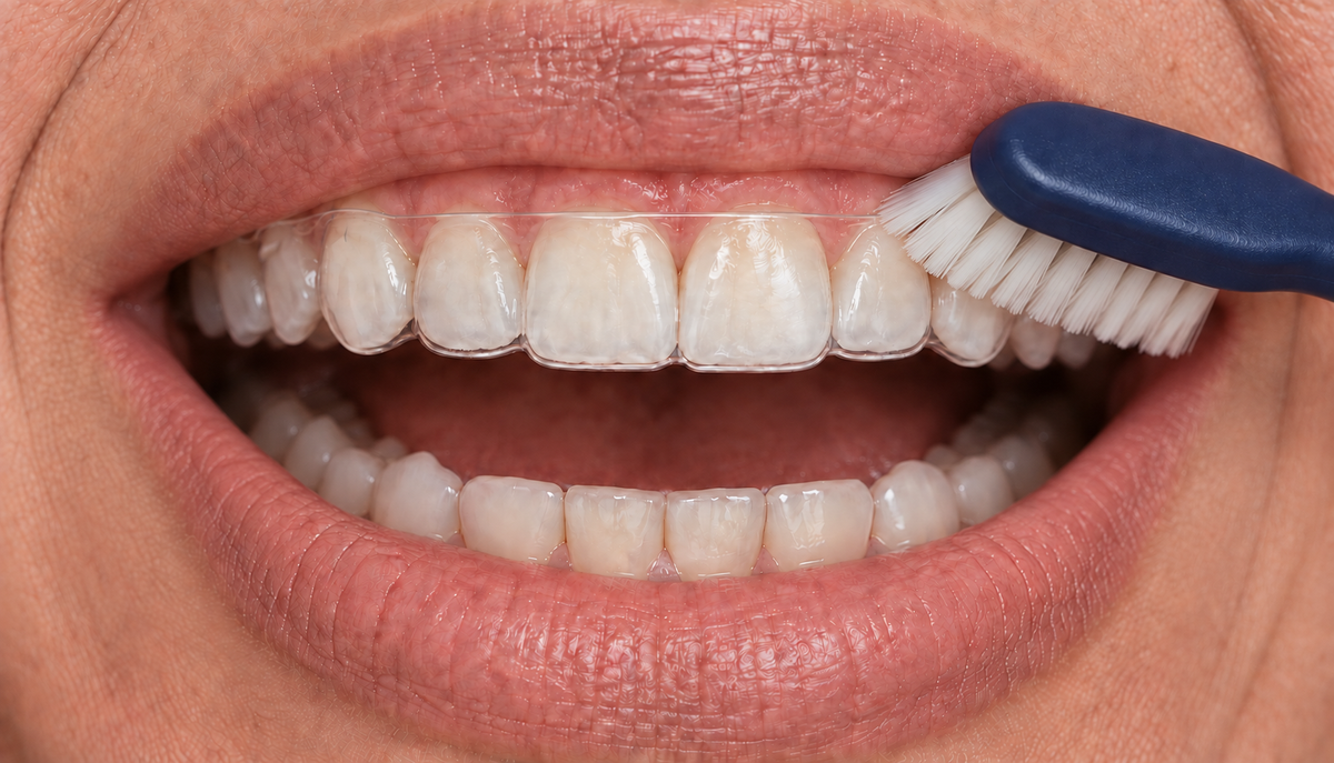 Using a toothbrush along the edge of a clear tray while it is worn over the upper teeth.