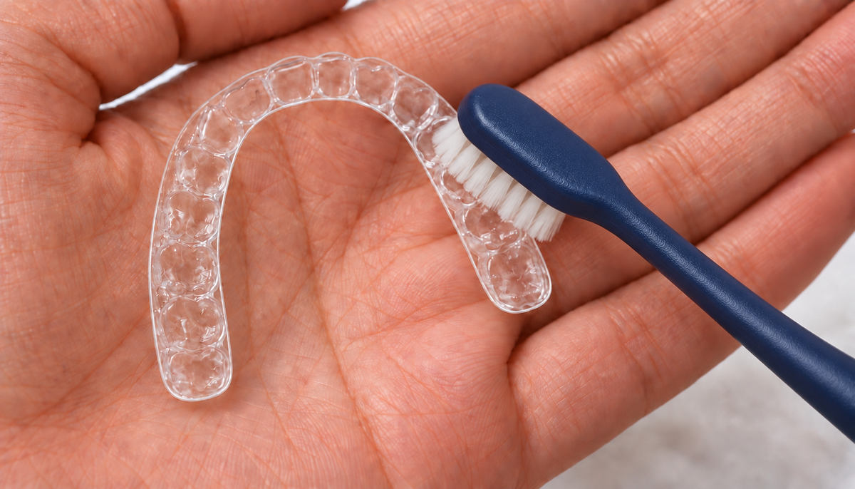 Cleaning a clear custom tray with a toothbrush while holding it in an open palm.