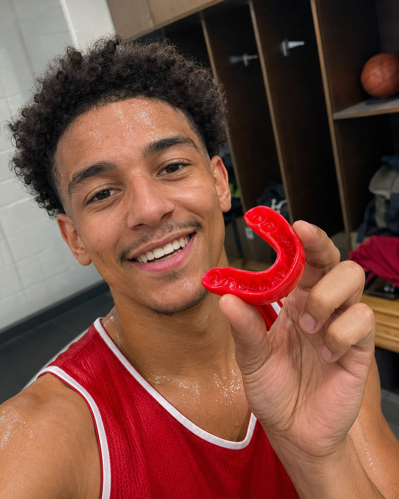 Basketball player holding a red mouthguard beside his face