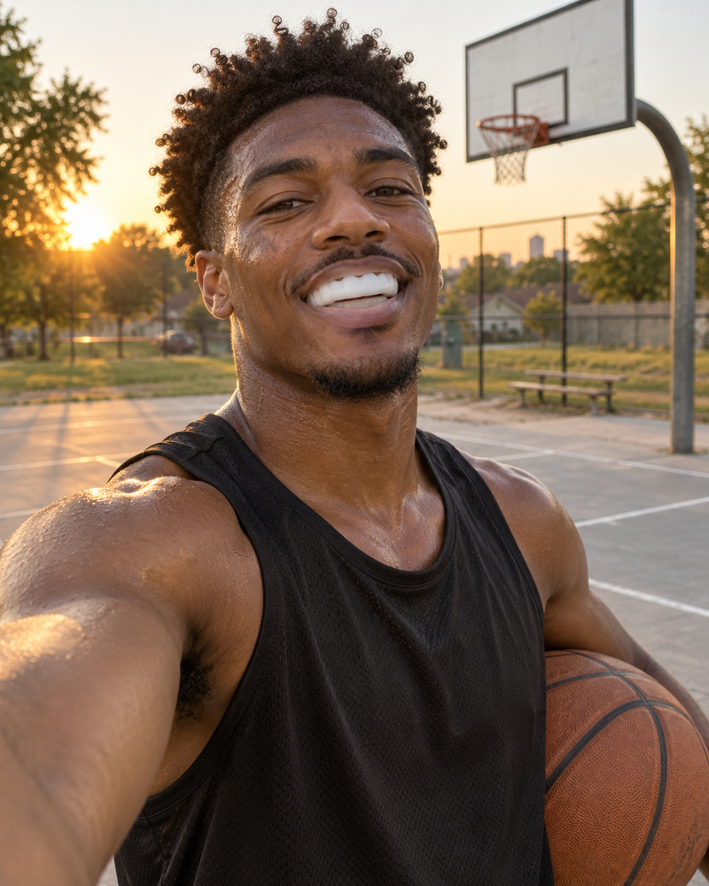 Basketball player wearing a white mouthguard on an outdoor court