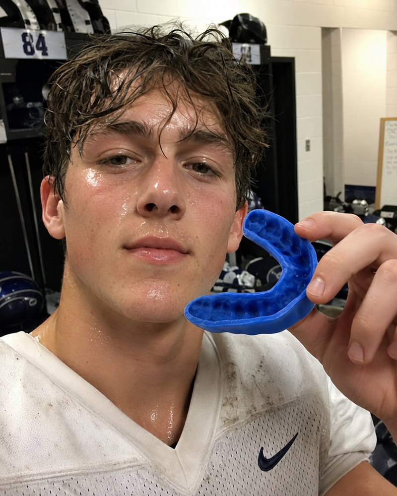 Player in a white football jersey holding a blue mouthguard