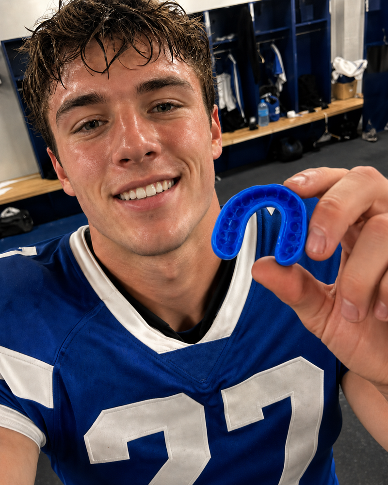 Football player holding a blue mouthguard in a locker room