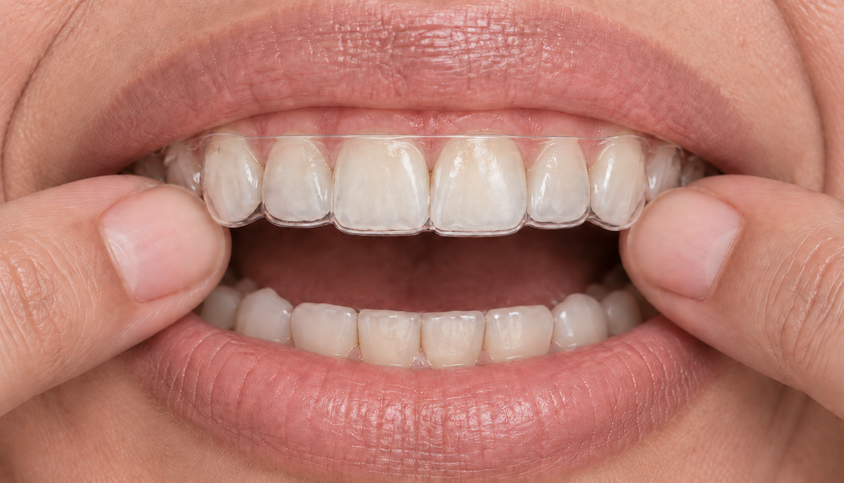 Gently fitting a clear custom tray over the upper teeth with two fingertips.
