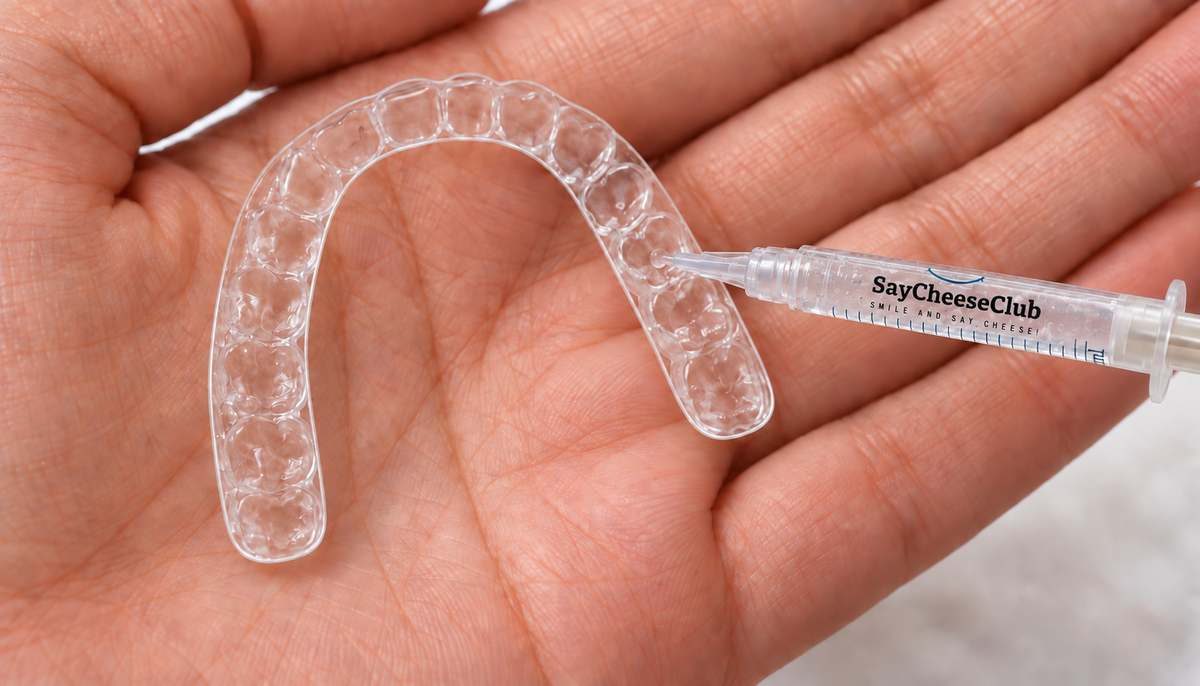 Applying whitening gel from a syringe to a clear custom tray held in an open palm.