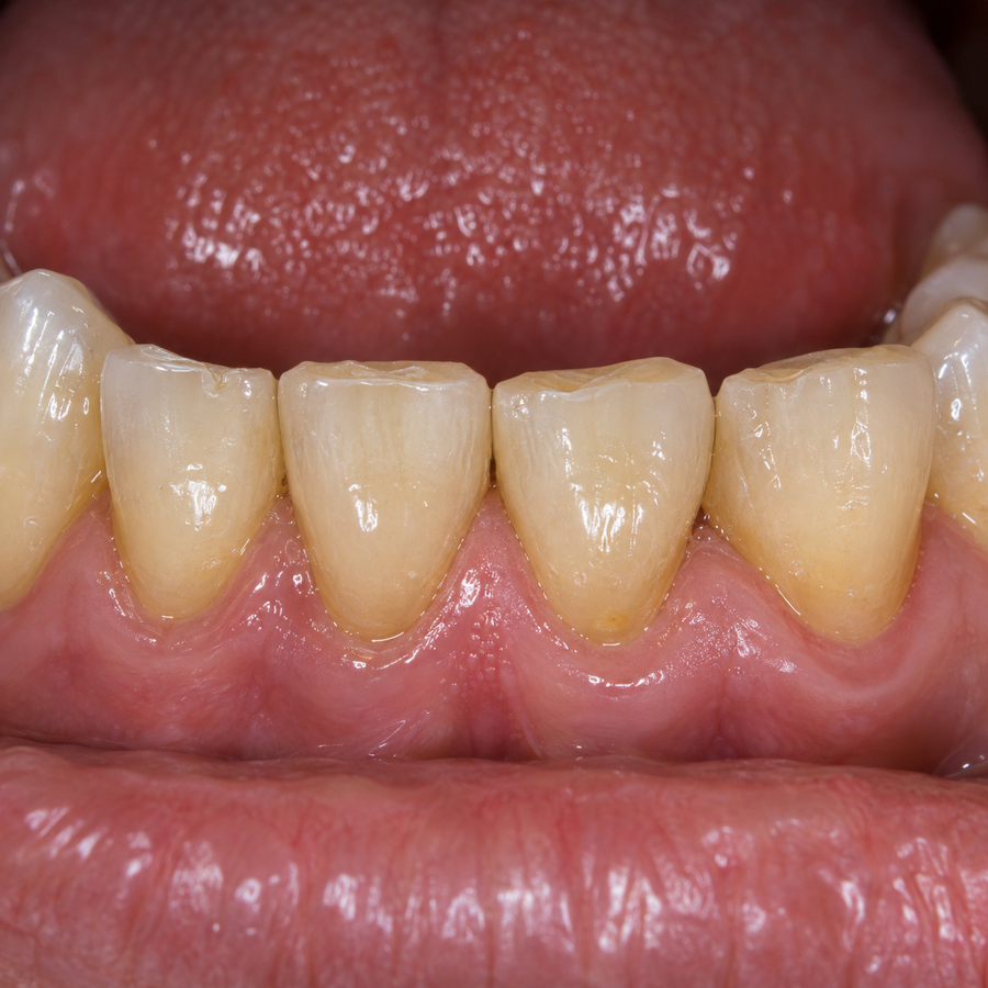 Four lower front teeth with flattened biting edges and small chips